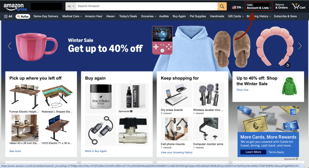 Amazon account menu showing the Account & Lists option after logging in
