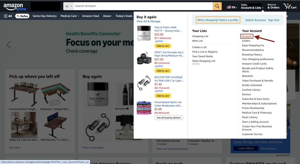 Amazon account list with the Account option selected
