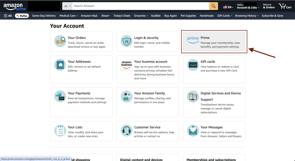 Amazon Prime membership tile displayed on the account page
