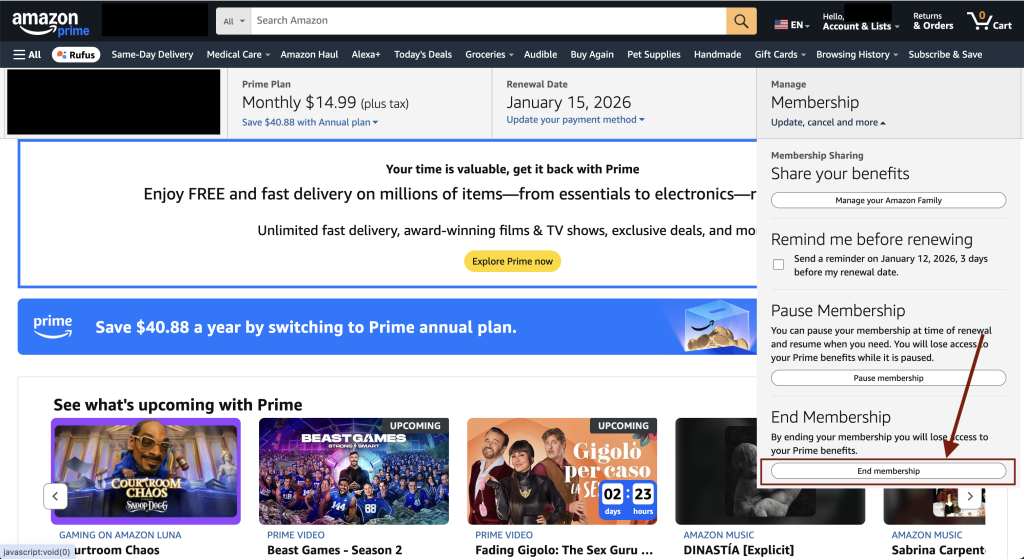 Amazon Prime membership page showing the End Membership option
