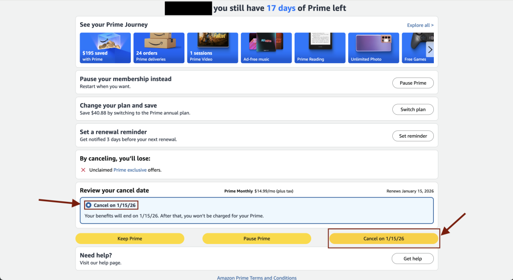 Amazon Prime cancellation screen with the Review your cancel date option selected
