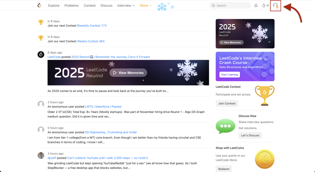 LeetCode home page opened opened after logging into the account
