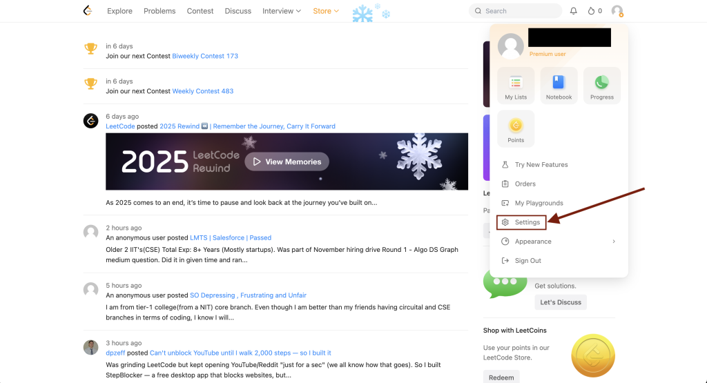 LeetCode account settings page accessed from the profile menu