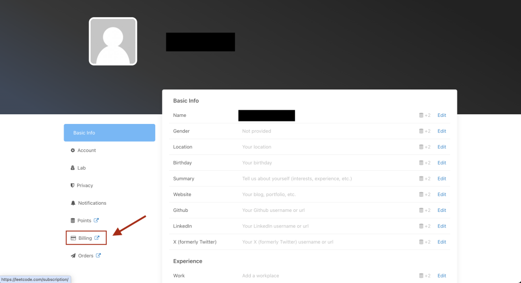 LeetCode billing option shown after clicked on profile icon.