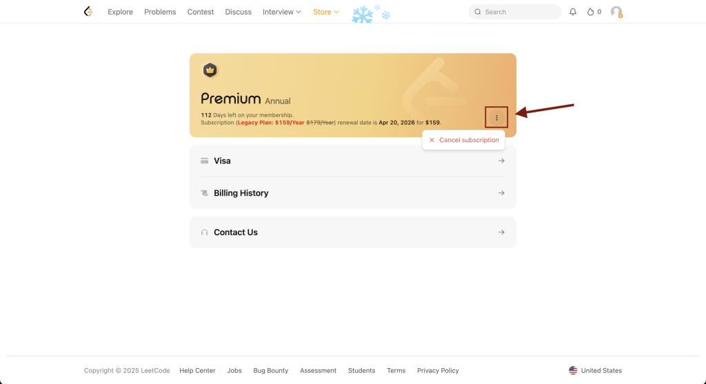 Cancel LeetCode Premium option shown under the three dot menu

