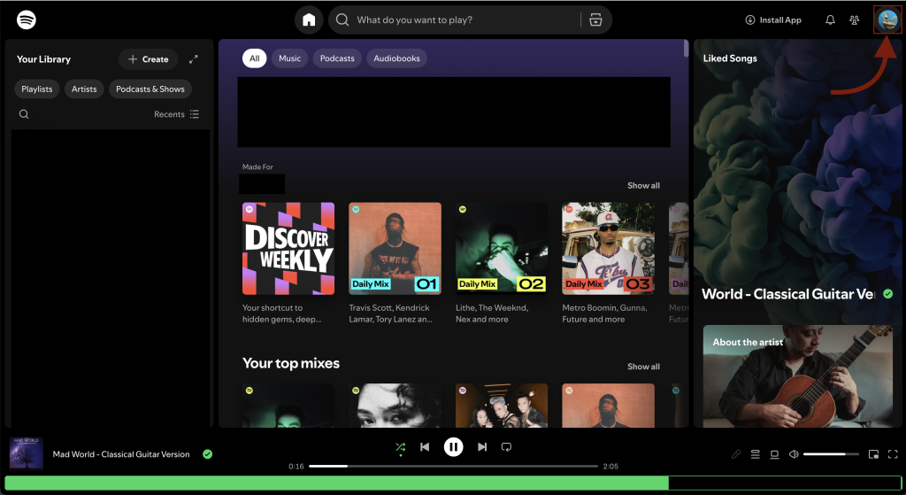 Spotify account home page showing the user profile icon in the top right corner
