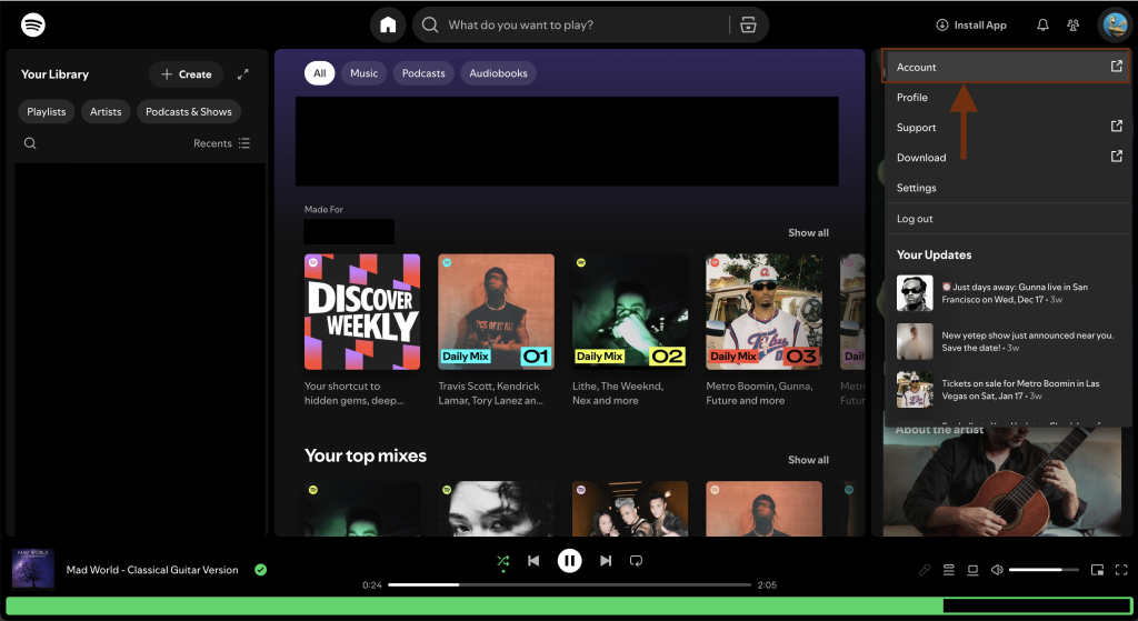 Spotify profile dropdown menu opened after clicking the profile icon
