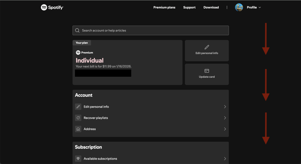 Spotify account page displayed after selecting Account from the profile menu
