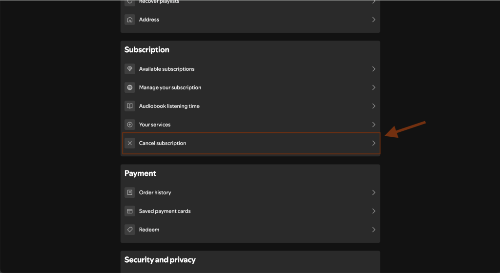 Spotify subscription page showing the Cancel Subscription option
