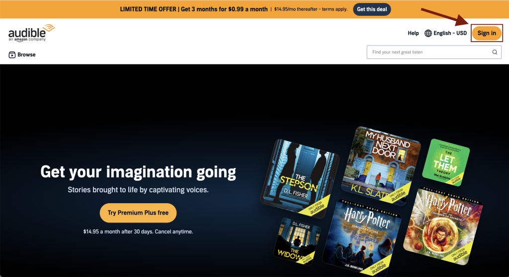 Audible homepage showing the Sign In button in the top navigation
