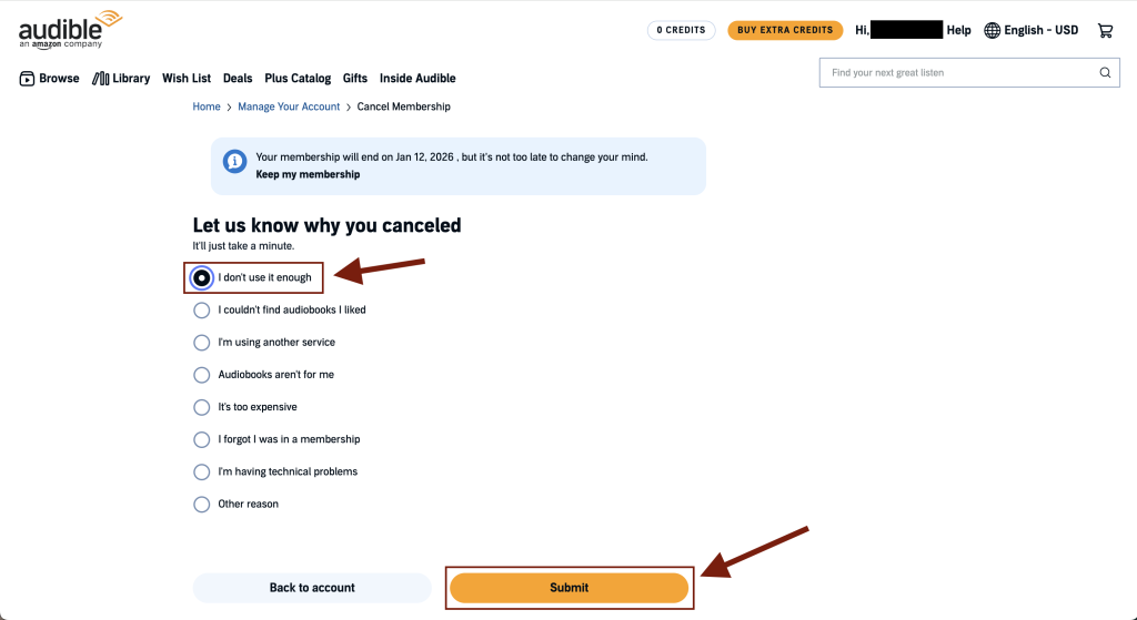 Audible cancellation page showing a list of reasons and a Submit button
