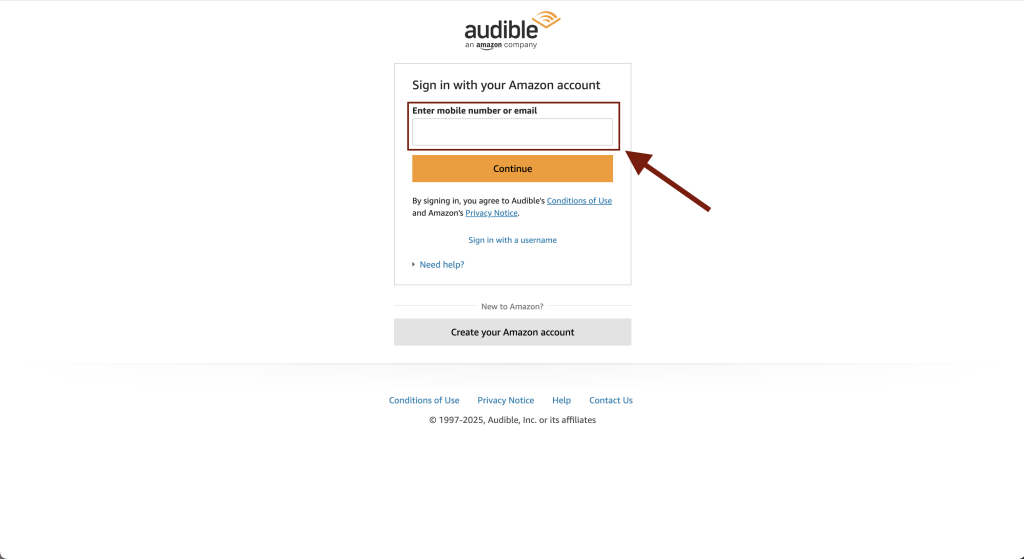 Audible sign-in page prompting users to log in with an Amazon account
