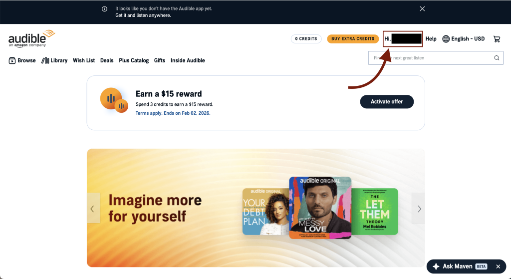 Audible account page displaying the Hi, username menu at the top
