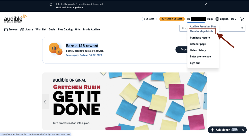 Audible account dropdown menu showing the Membership details option
