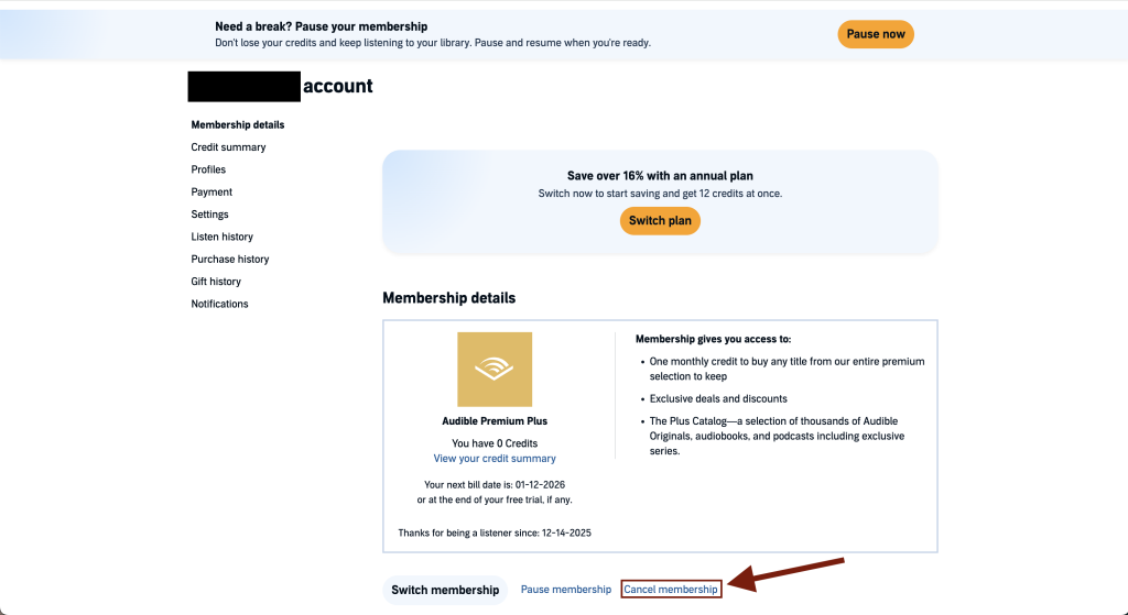 Audible membership details page showing the Cancel membership option
