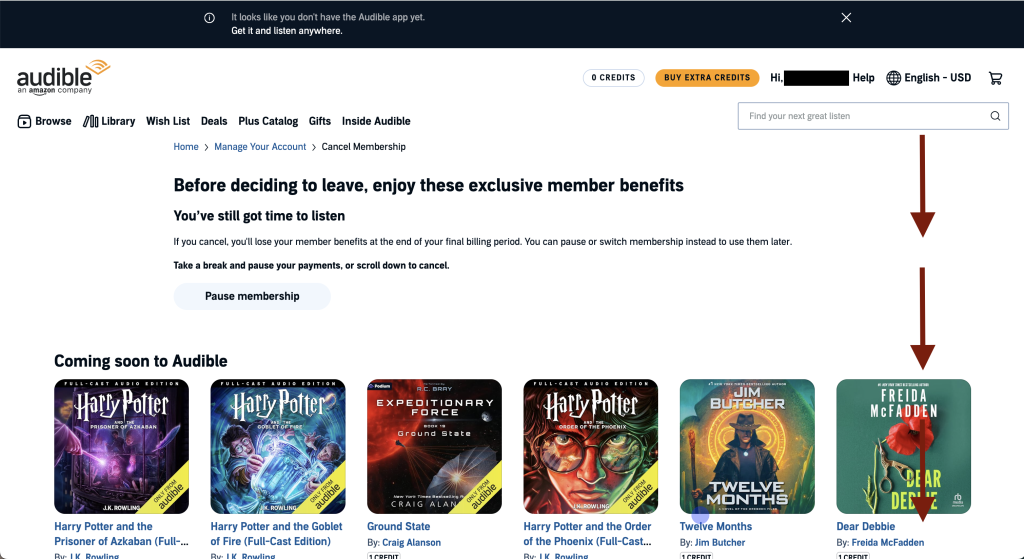 Audible page offering the option to pause membership after selecting cancel
