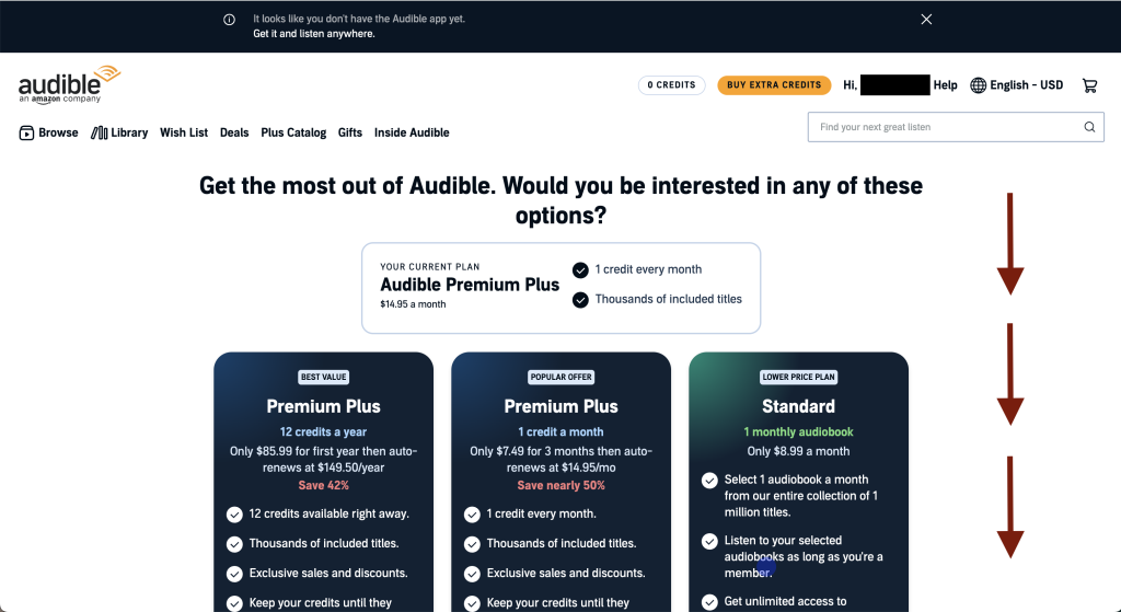 Audible page displaying alternative subscription plans during cancellation
